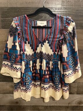 ba&sh Cream Tunic Top with Blue and Red Geometric Embroidery